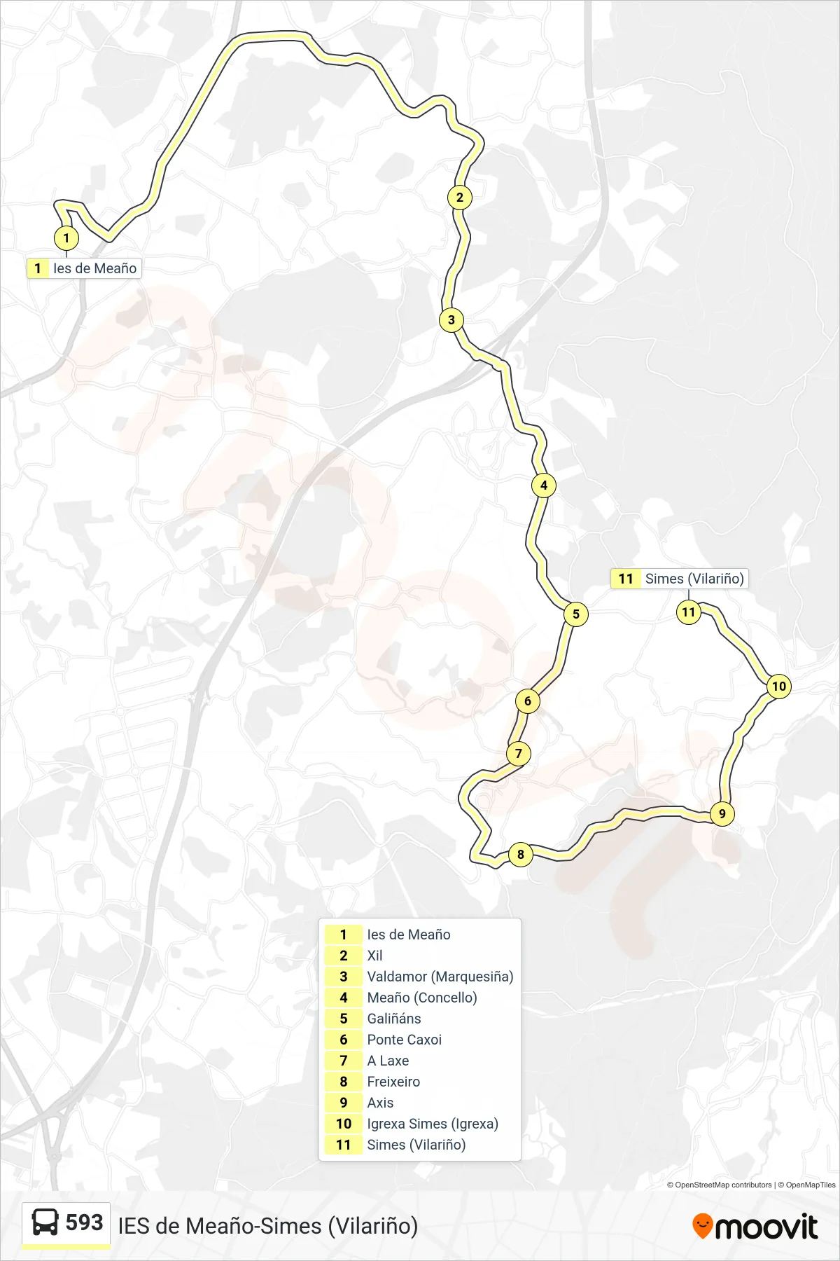 Recorrido y paradas de la línea 593 de autobús (Simes (Vilariño)) en el mapa