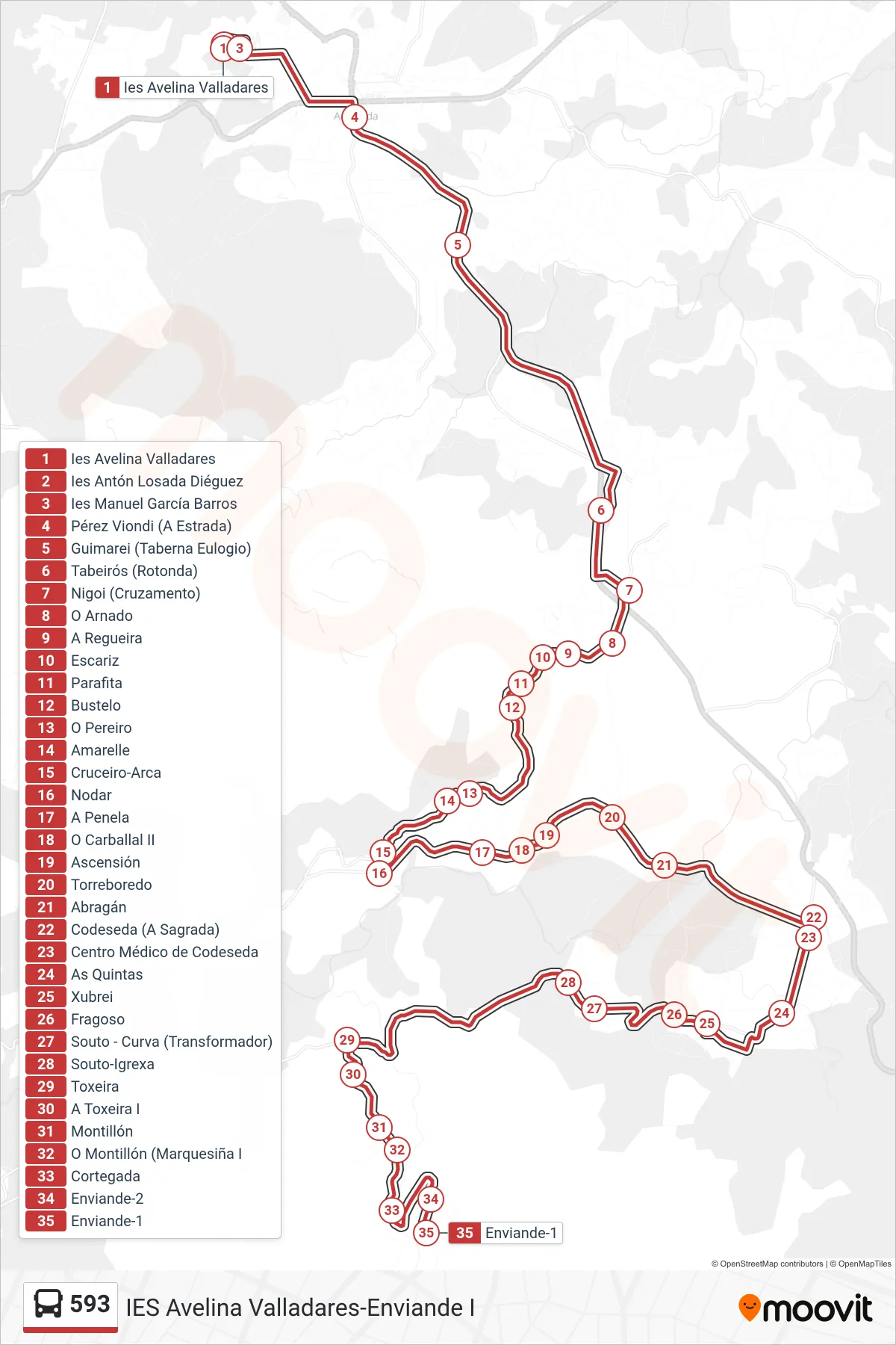 Recorrido y paradas de la línea 593 de autobús (Enviande I) en el mapa