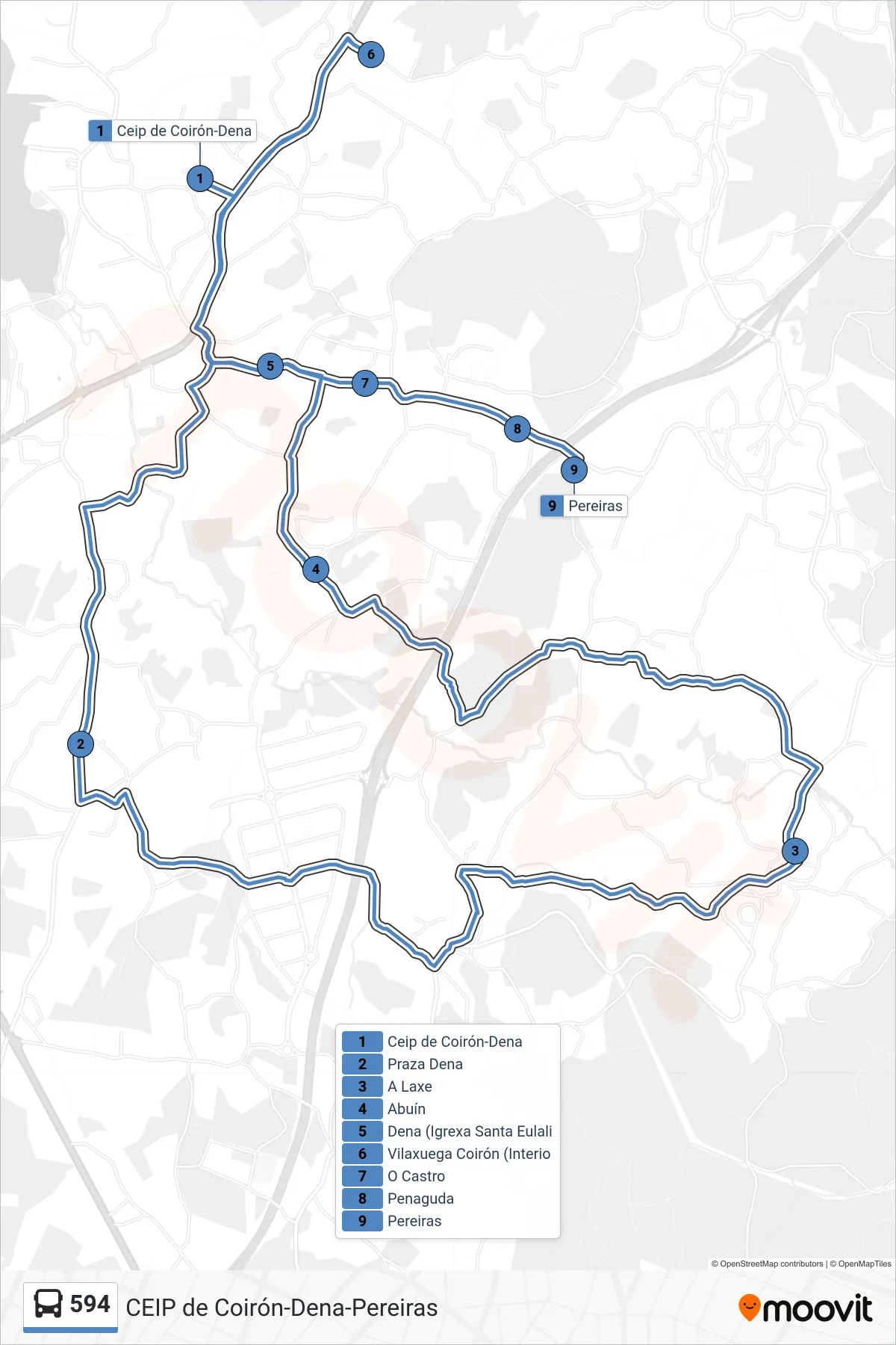 Recorrido y paradas de la línea 594 de autobús (Pereiras) en el mapa
