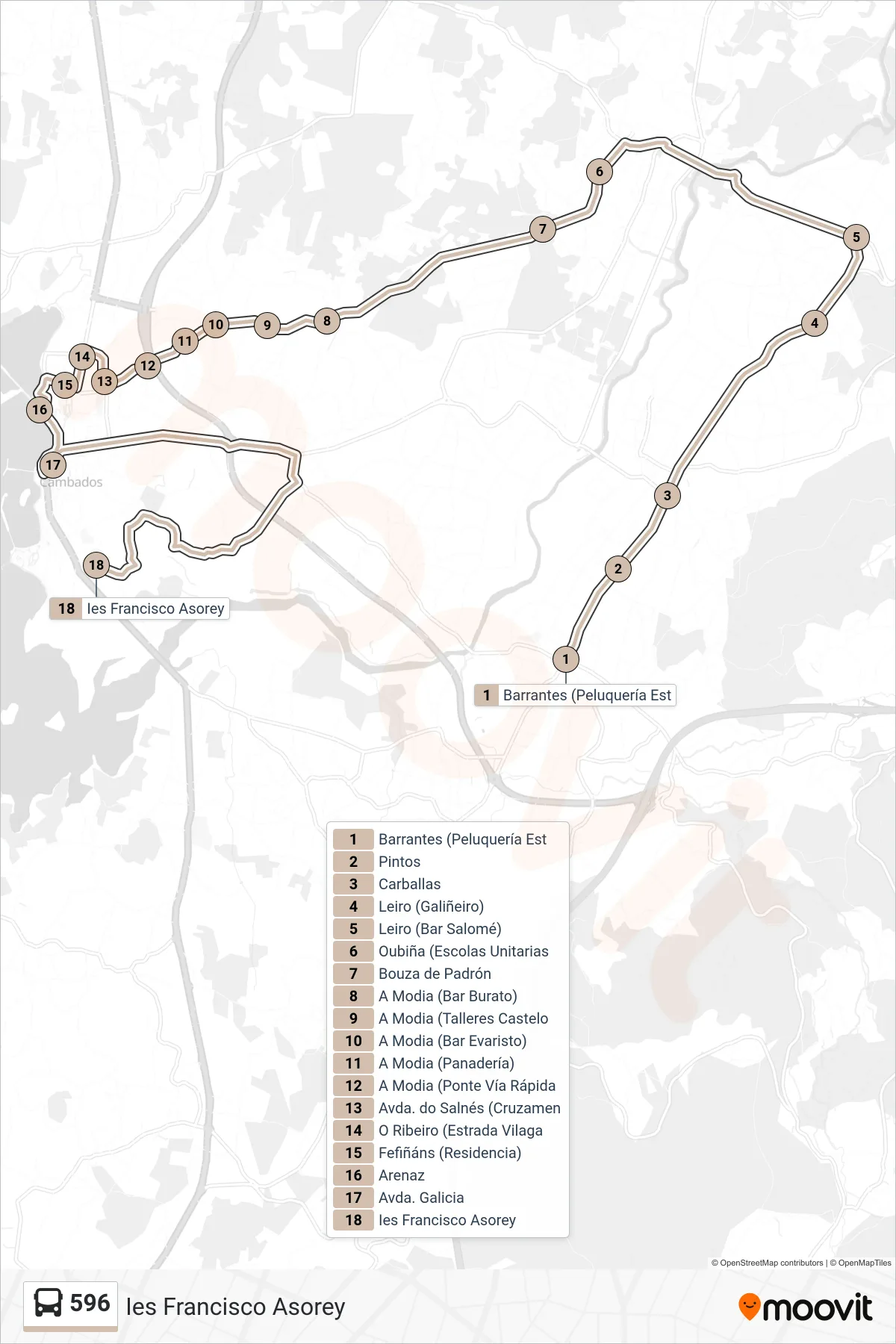 Ruta i parades de la línia 596 bus (Ies Francisco Asorey) en un mapa
