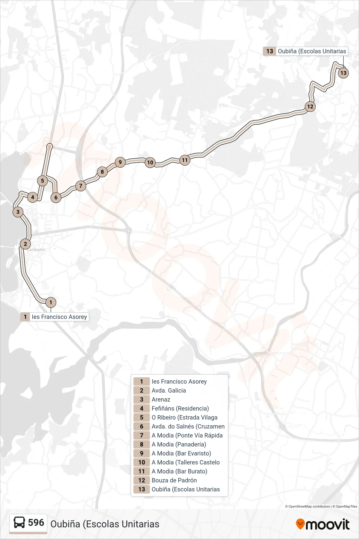 Recorrido y paradas de la línea 596 de autobús (Oubiña (Escolas Unitarias) en el mapa