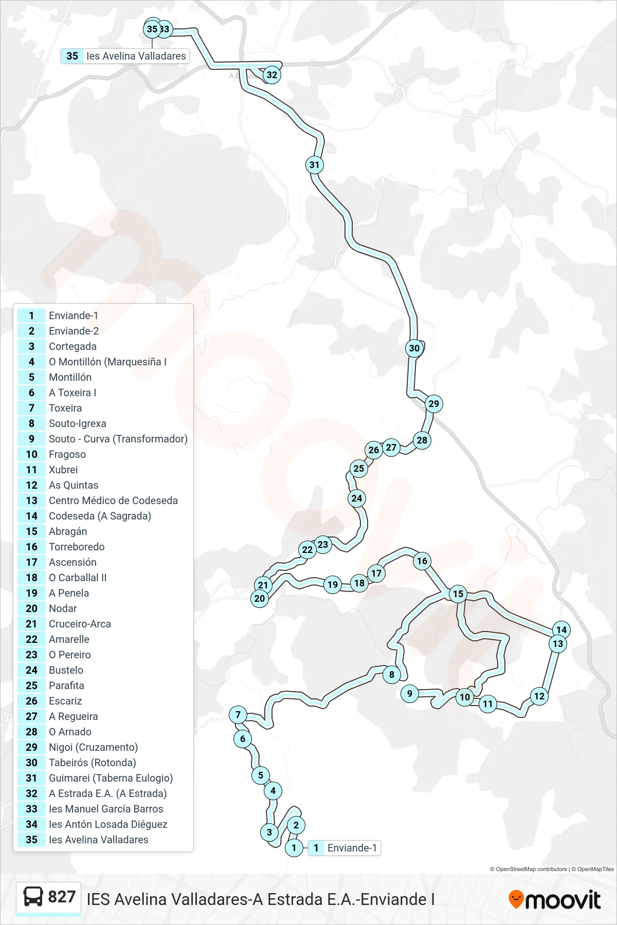 Recorrido y paradas de la línea 827 de autobús (Ies Avelina Valladares) en el mapa