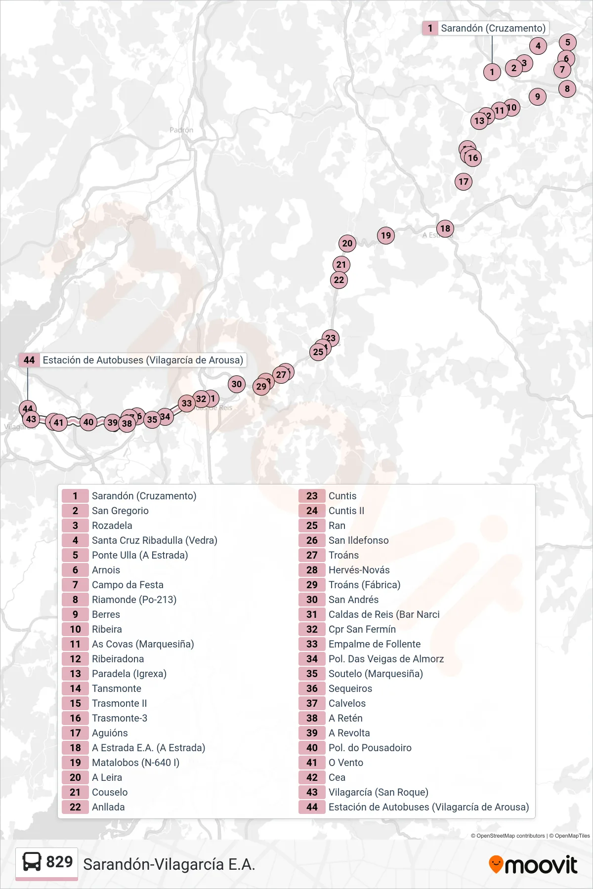 Recorrido y paradas de la línea 829 de autobús (Vilagarcía E.A.) en el mapa