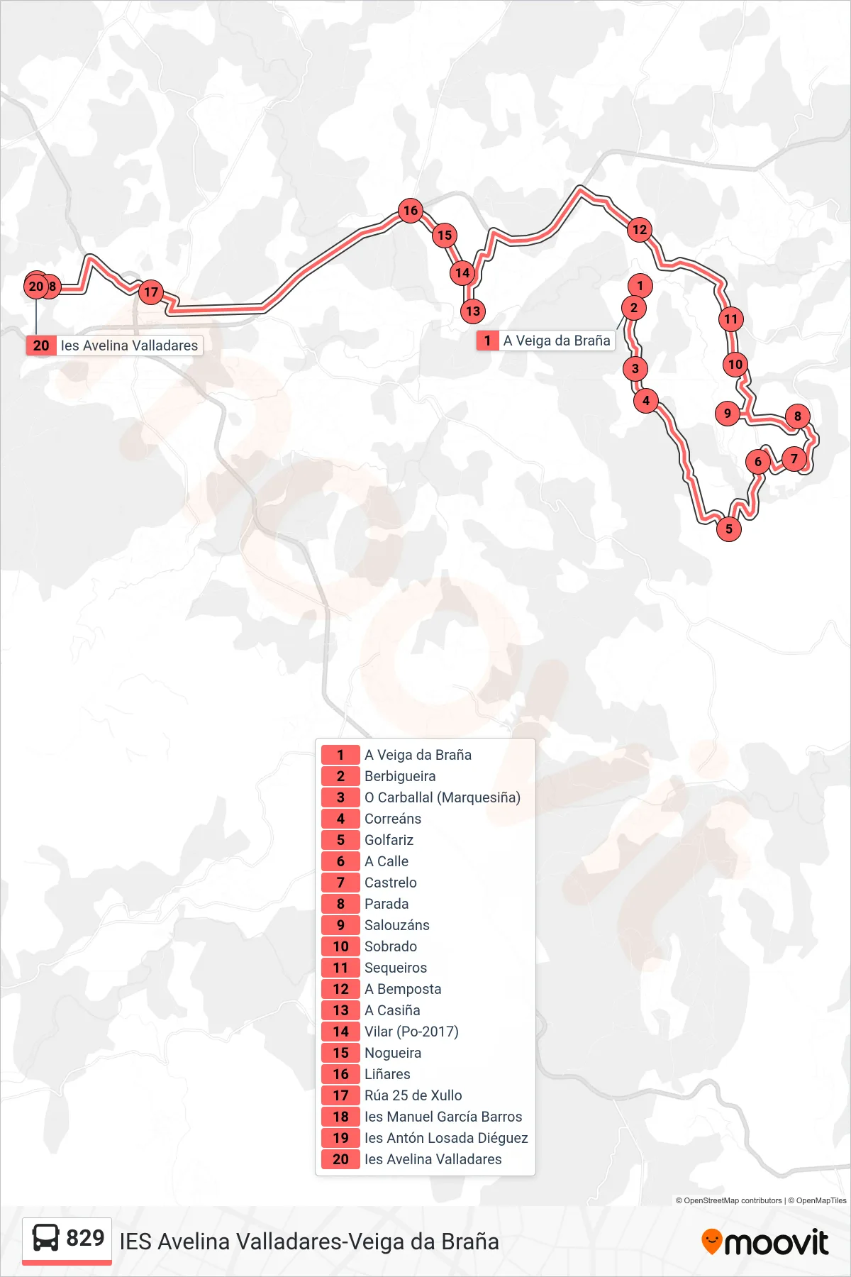 Recorrido y paradas de la línea 829 de autobús (Ies Avelina Valladares) en el mapa