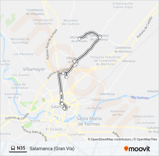 Mapa de N35 de autobús
