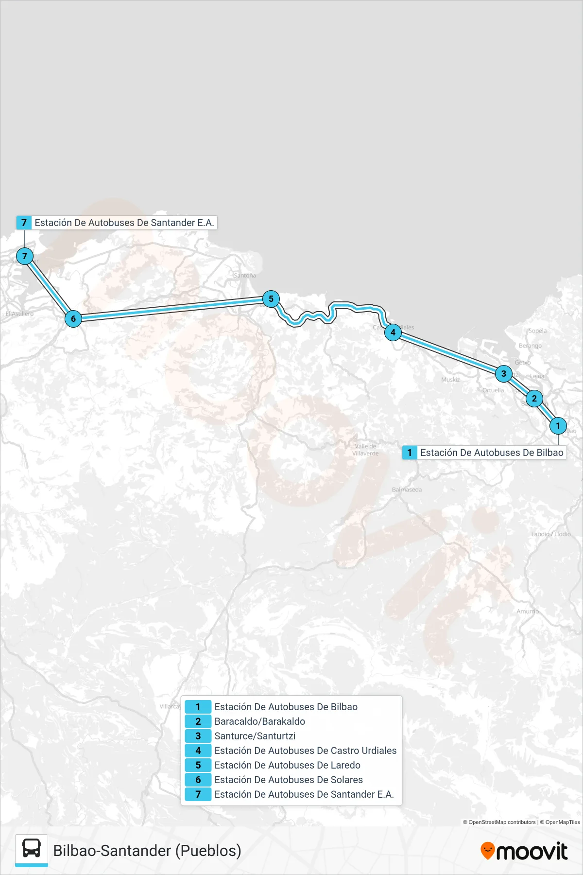 BILB-STDER bus Line (Santander E.A.) route and stops on a map