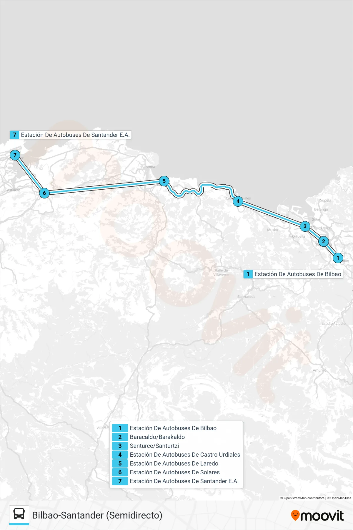 BILB-STDER bus Line (Santander E.A.) route and stops on a map