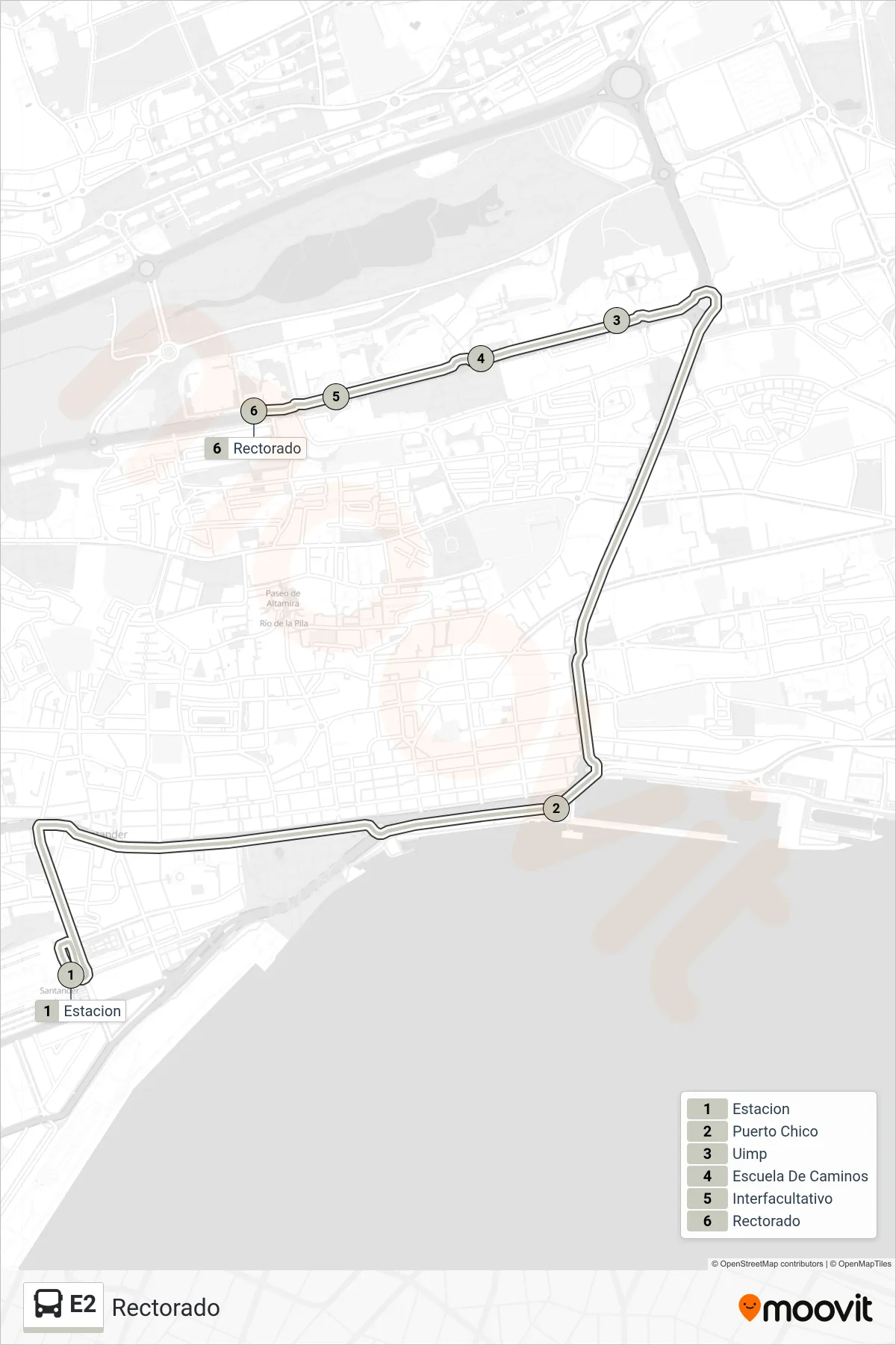 Recorrido y paradas de la línea E2 de autobús (Rectorado) en el mapa