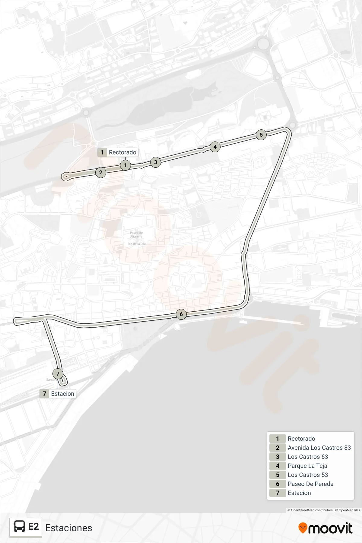 Recorrido y paradas de la línea E2 de autobús (Estaciones) en el mapa