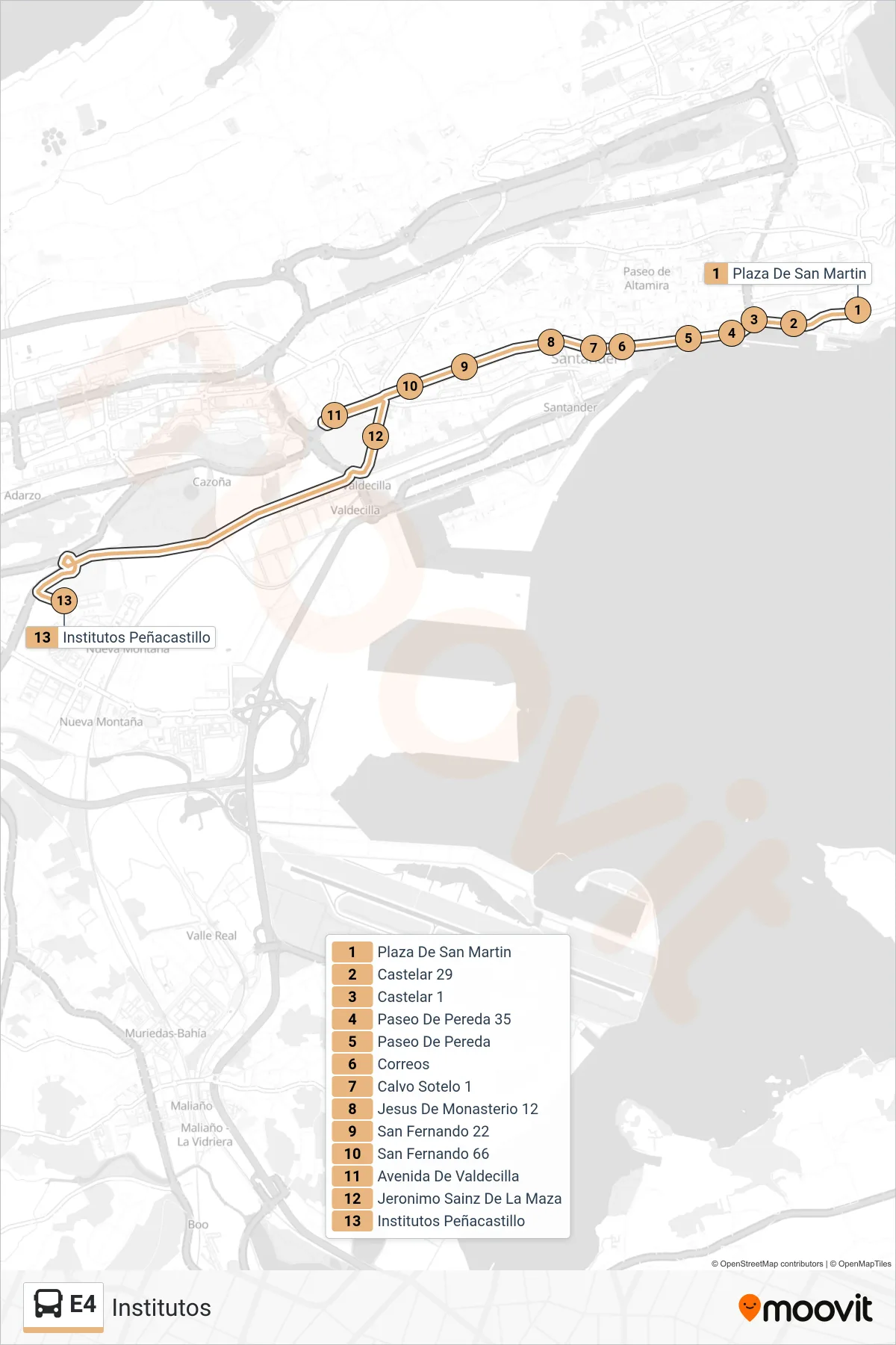 Recorrido y paradas de la línea E4 de autobús (Institutos) en el mapa