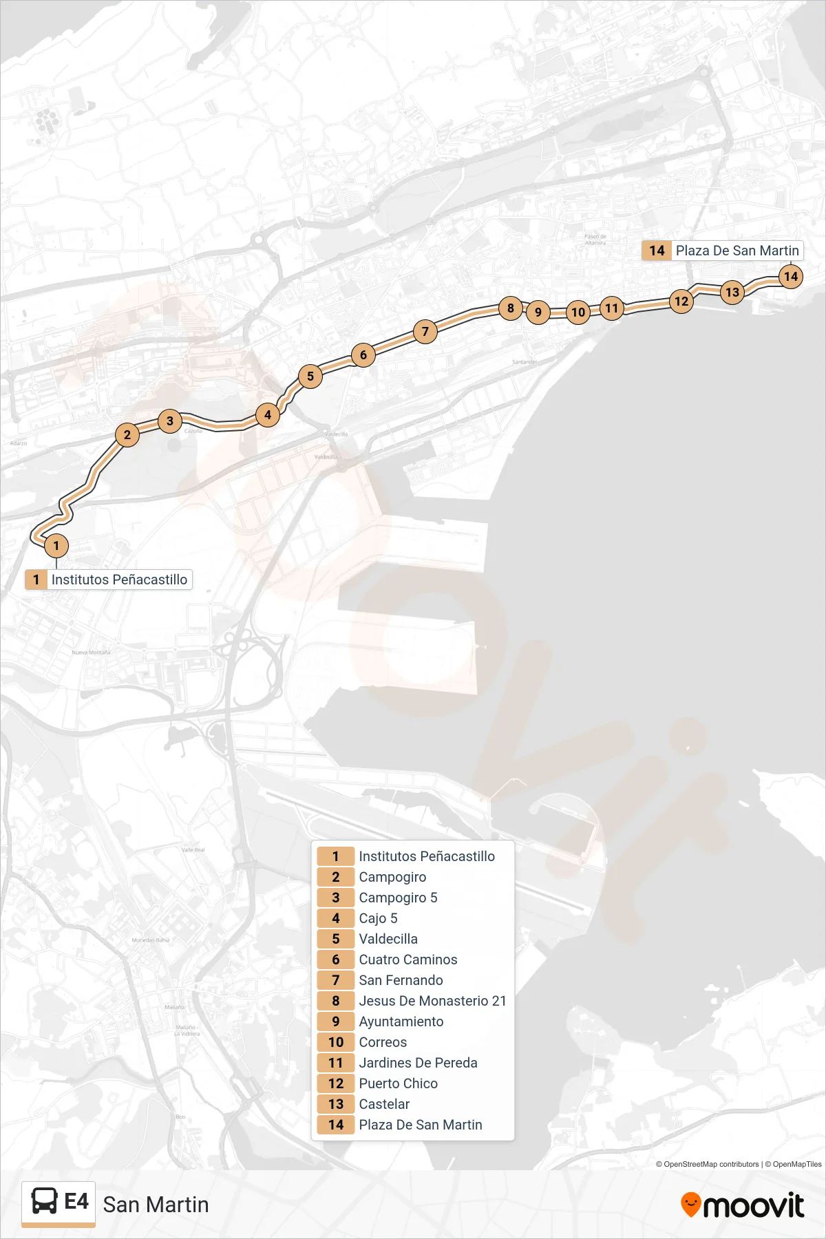 Recorrido y paradas de la línea E4 de autobús (San Martin) en el mapa