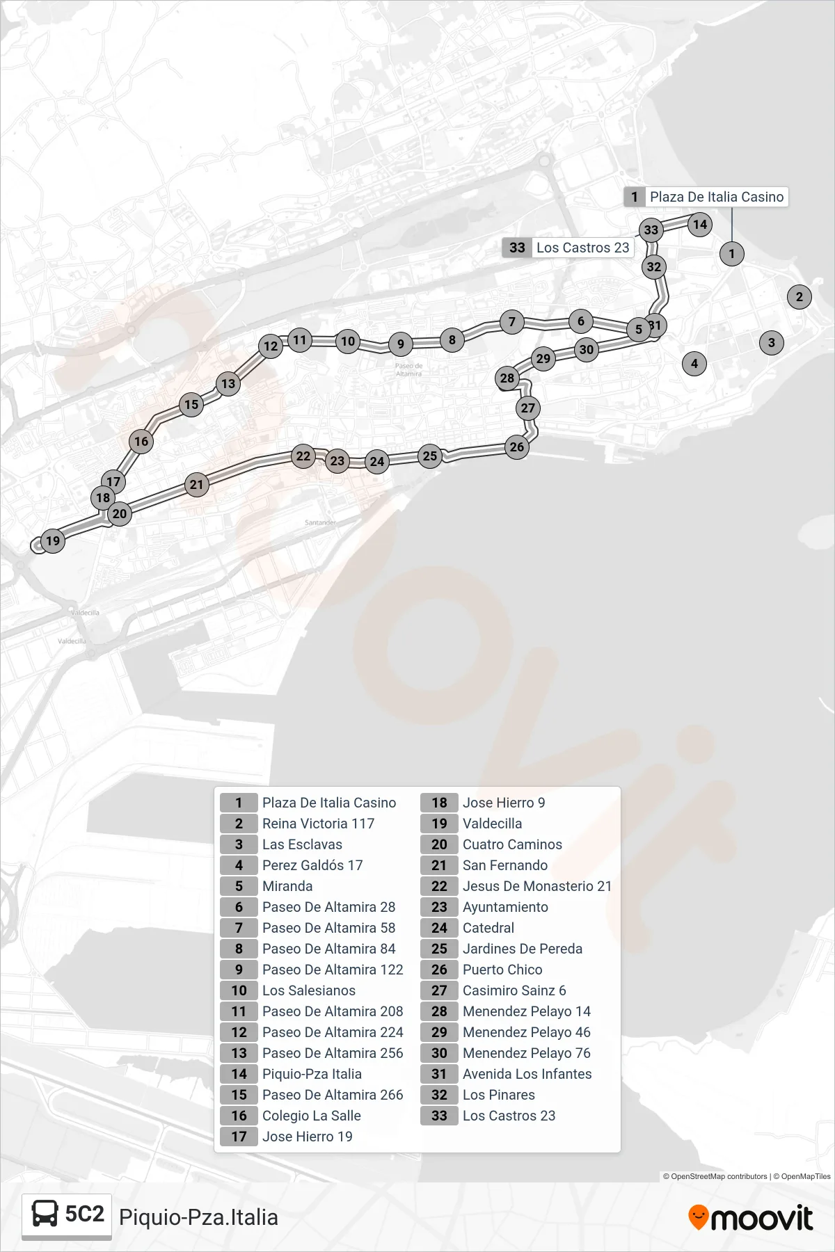 5C2 bus Line (Piquio-Pza.Italia) route and stops on a map