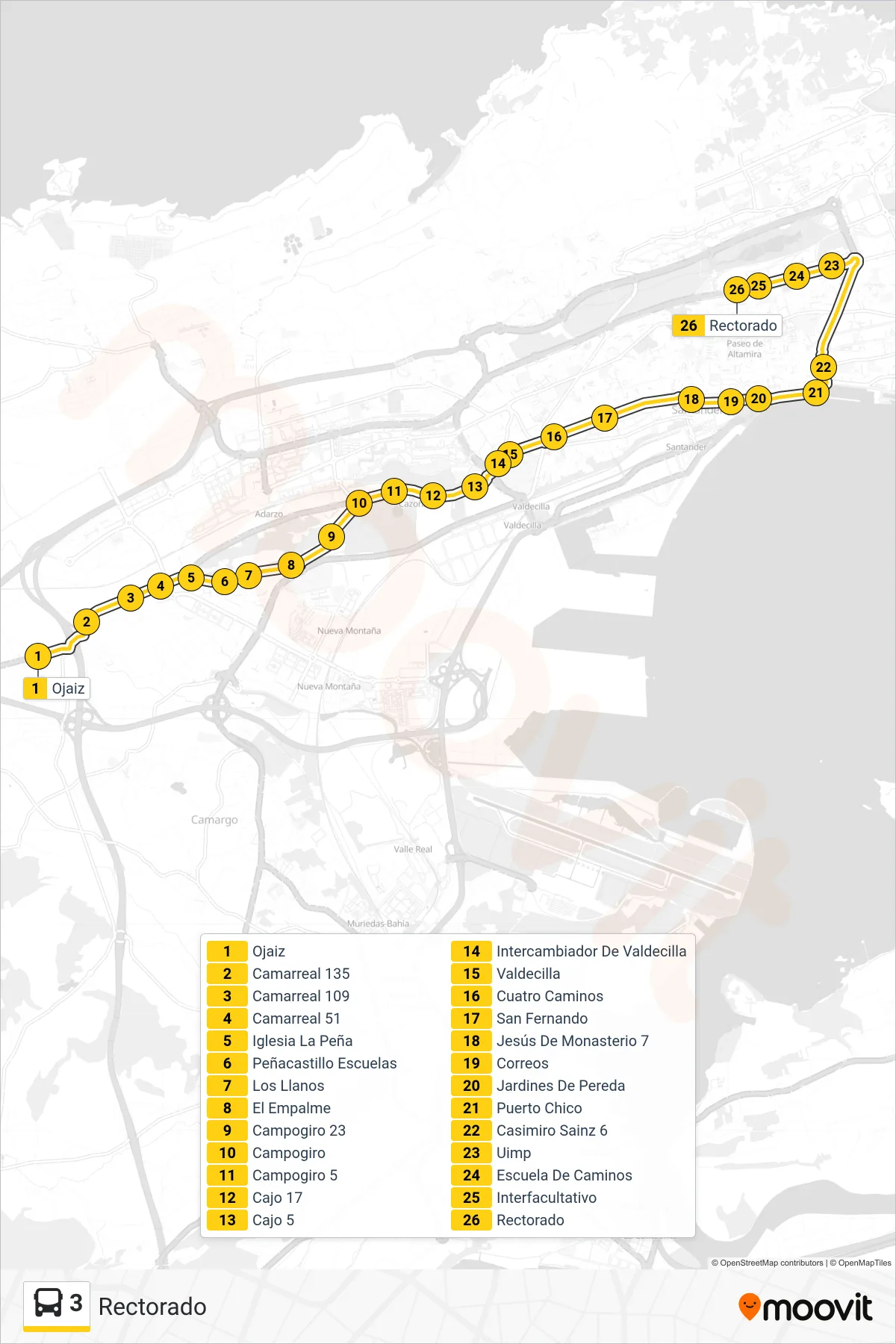 3 bus Line (Rectorado) route and stops on a map