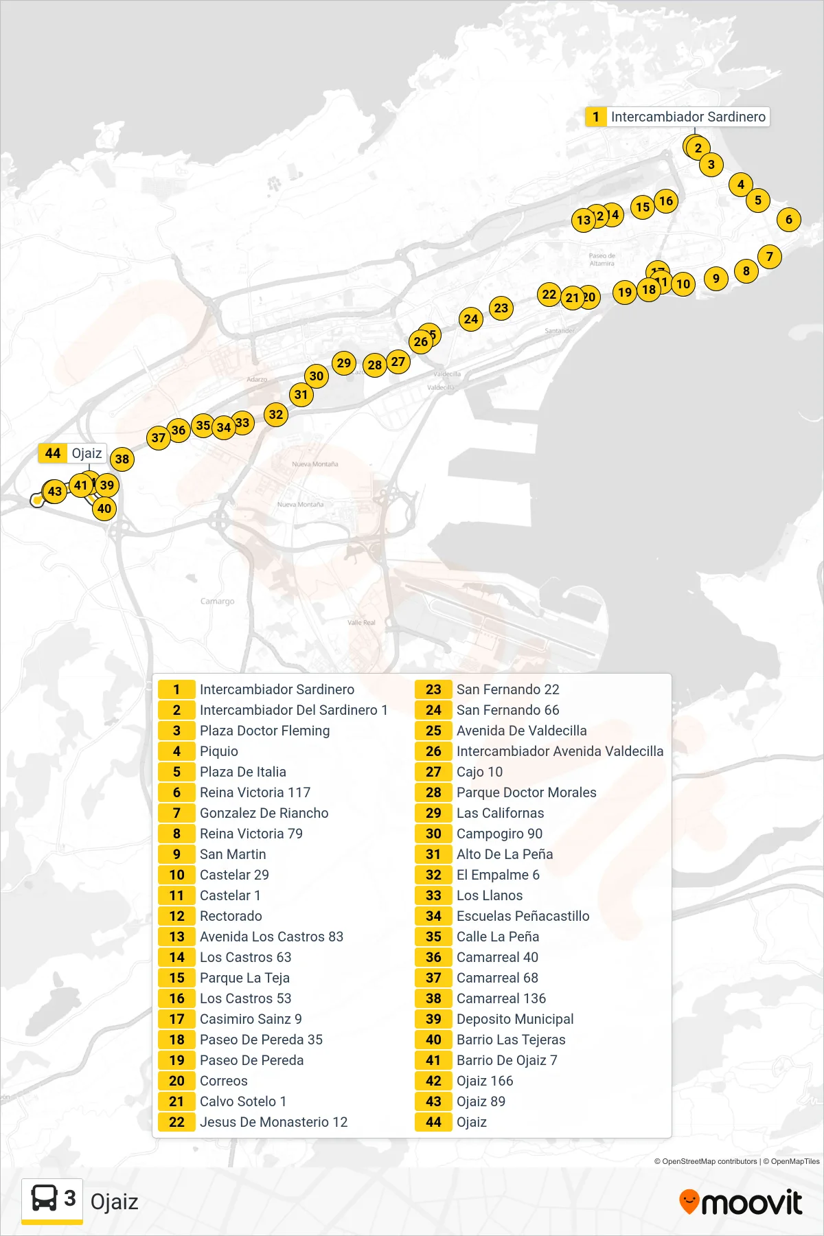 Ruta i parades de la línia 3 bus (Ojaiz) en un mapa