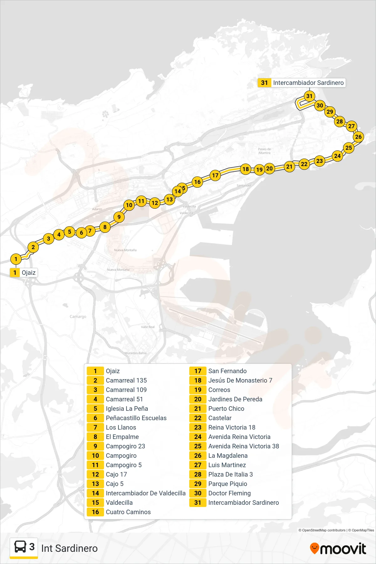 3 bus Line (Int Sardinero) route and stops on a map