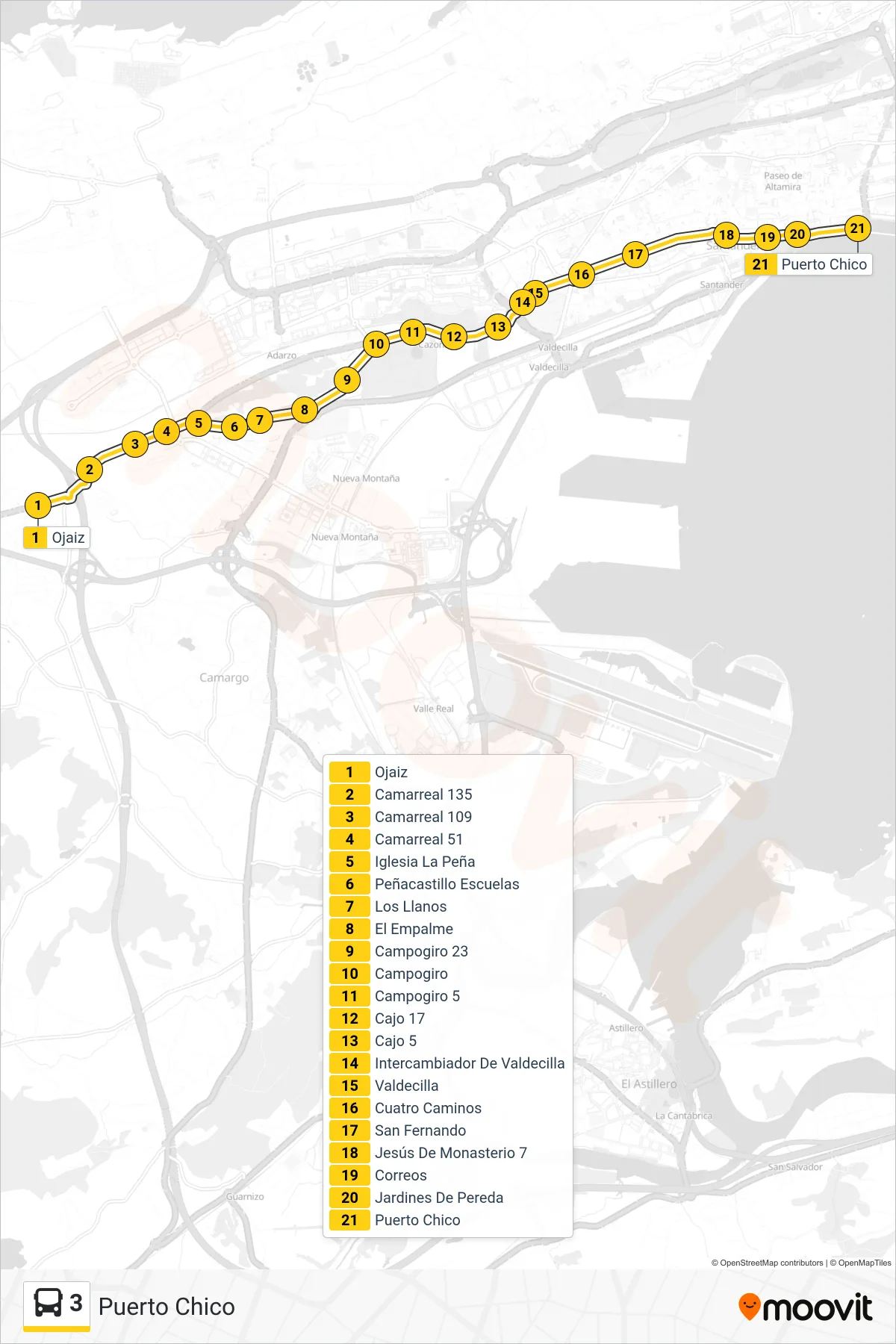 3 bus Line (Puerto Chico) route and stops on a map