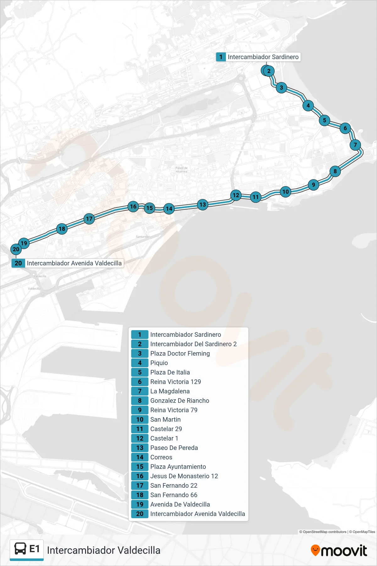 Recorrido y paradas de la línea E1 de autobús (Intercambiador Valdecilla) en el mapa