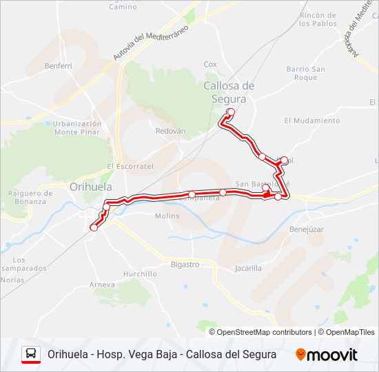 Mapa de ORIHUELA - HOSP. VEGA BAJA - CALLOSA DEL SEGURA de autobús