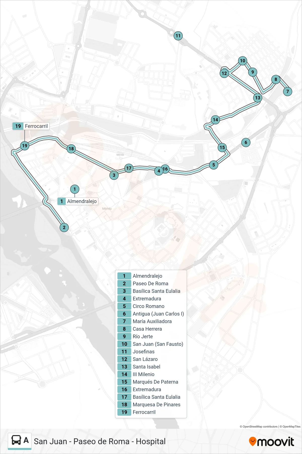 Recorrido y paradas de la línea A de autobús (A1: Paseo de Roma - San Juan) en el mapa