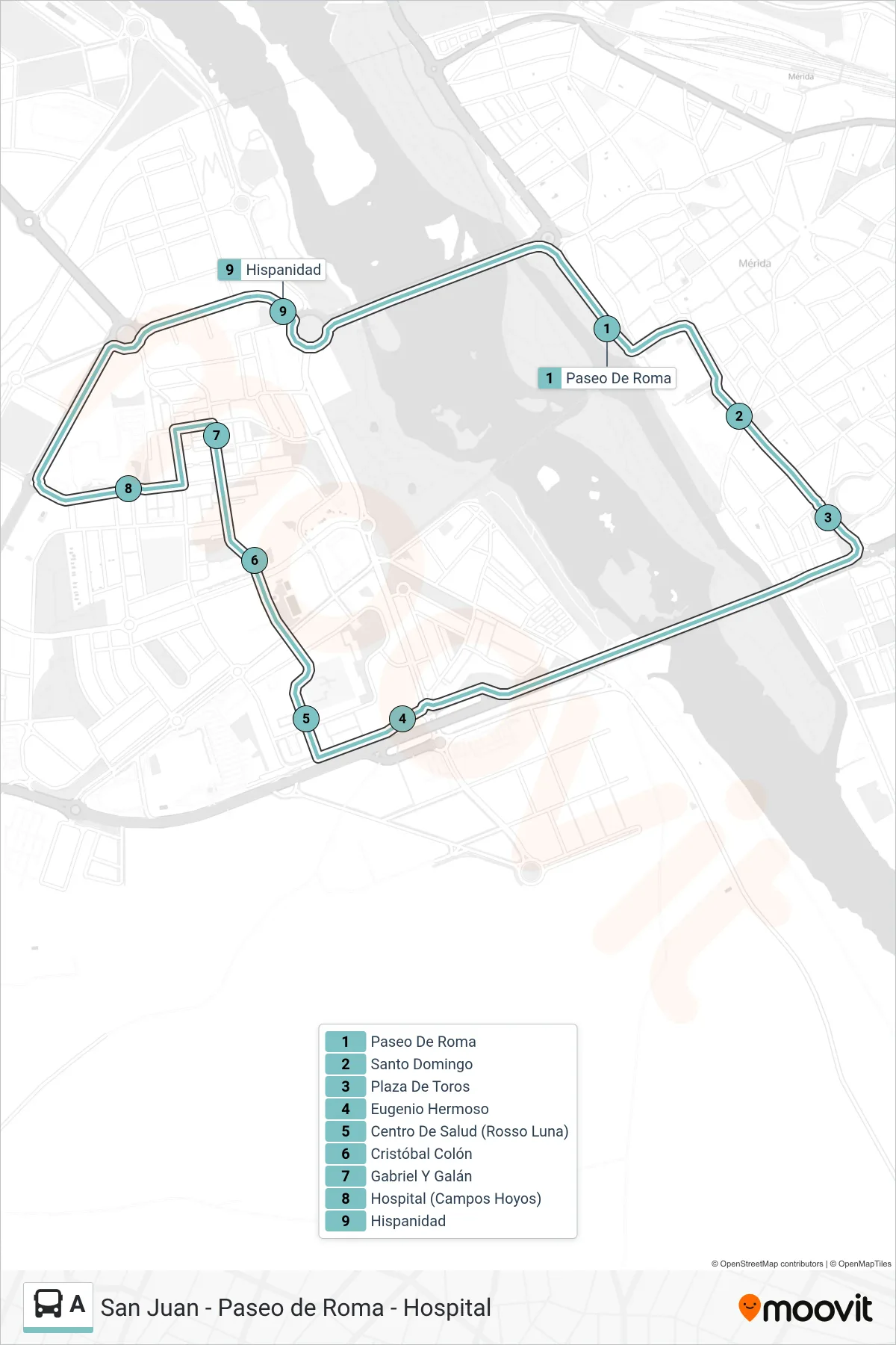 Recorrido y paradas de la línea A de autobús (A2: Paseo de Roma - Hospital) en el mapa