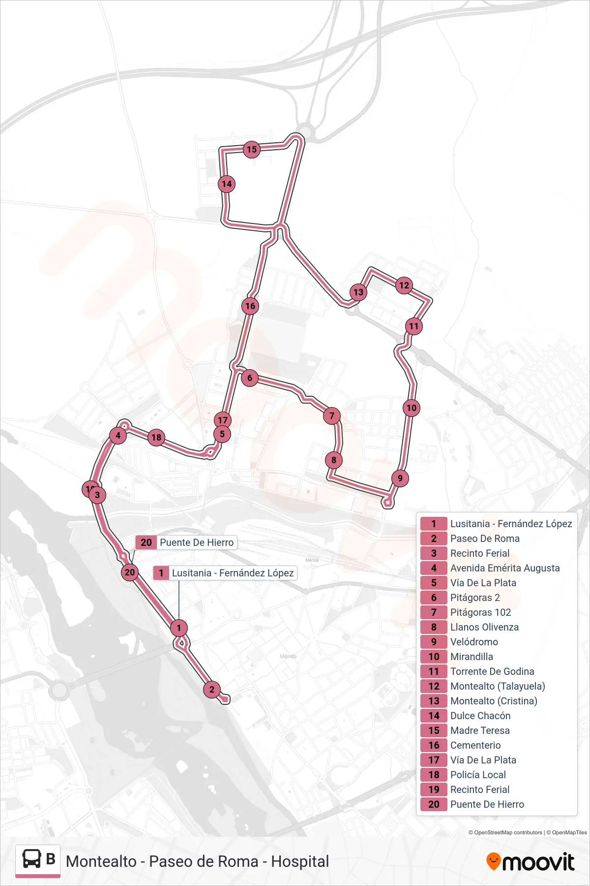 Recorrido y paradas de la línea B de autobús (B1: Paseo de Roma - Montealto) en el mapa