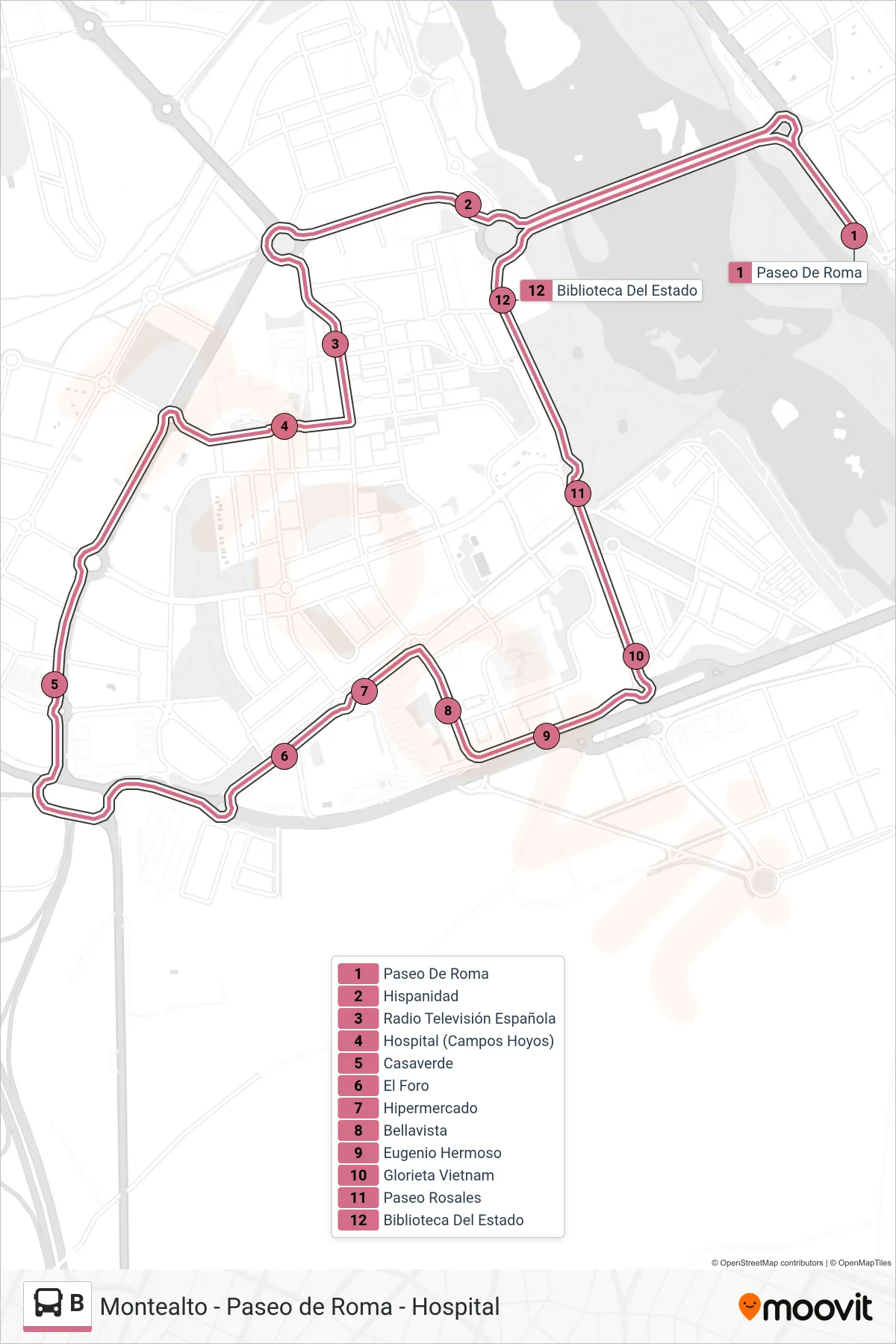 Recorrido y paradas de la línea B de autobús (B2: Paseo de Roma - Hospital) en el mapa