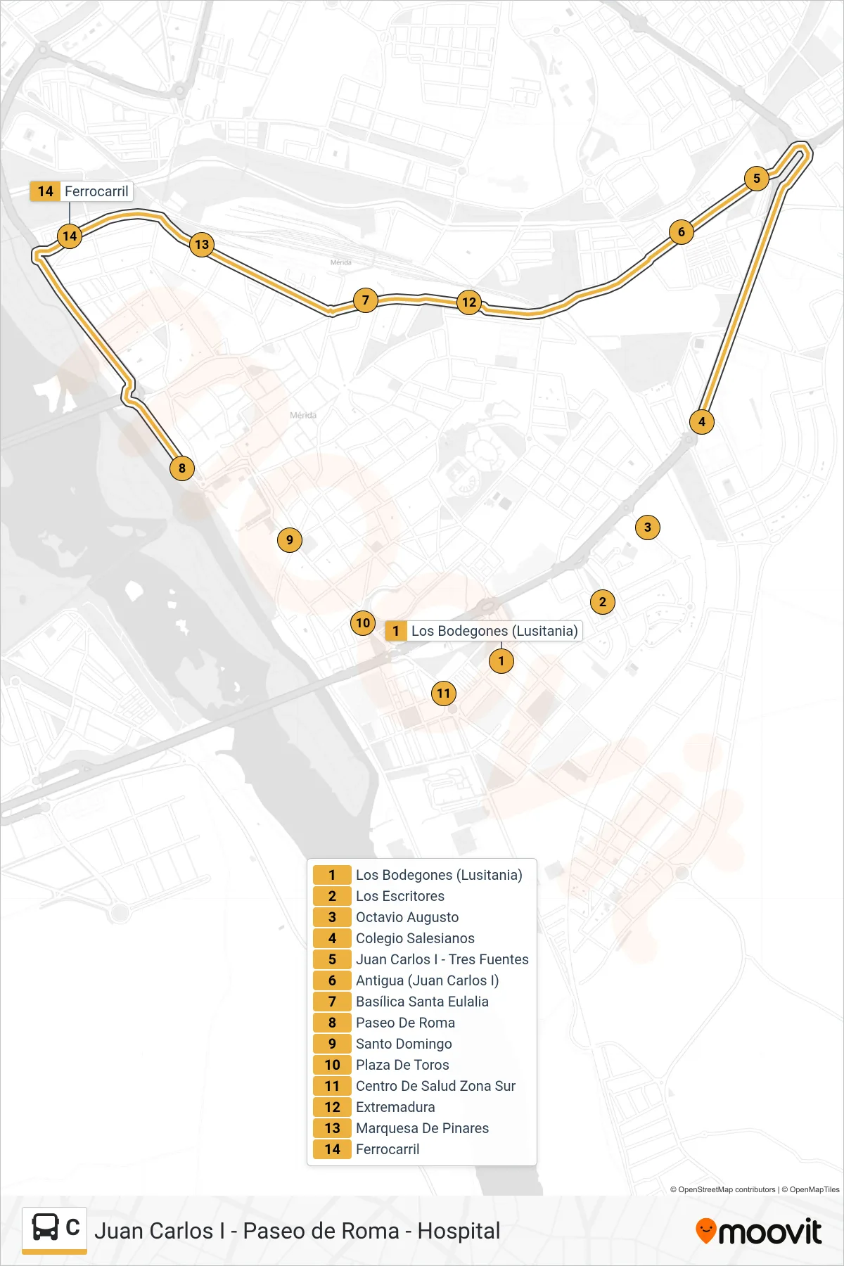 Recorrido y paradas de la línea C de autobús (C1: Paseo de Roma - Juan Carlos I) en el mapa