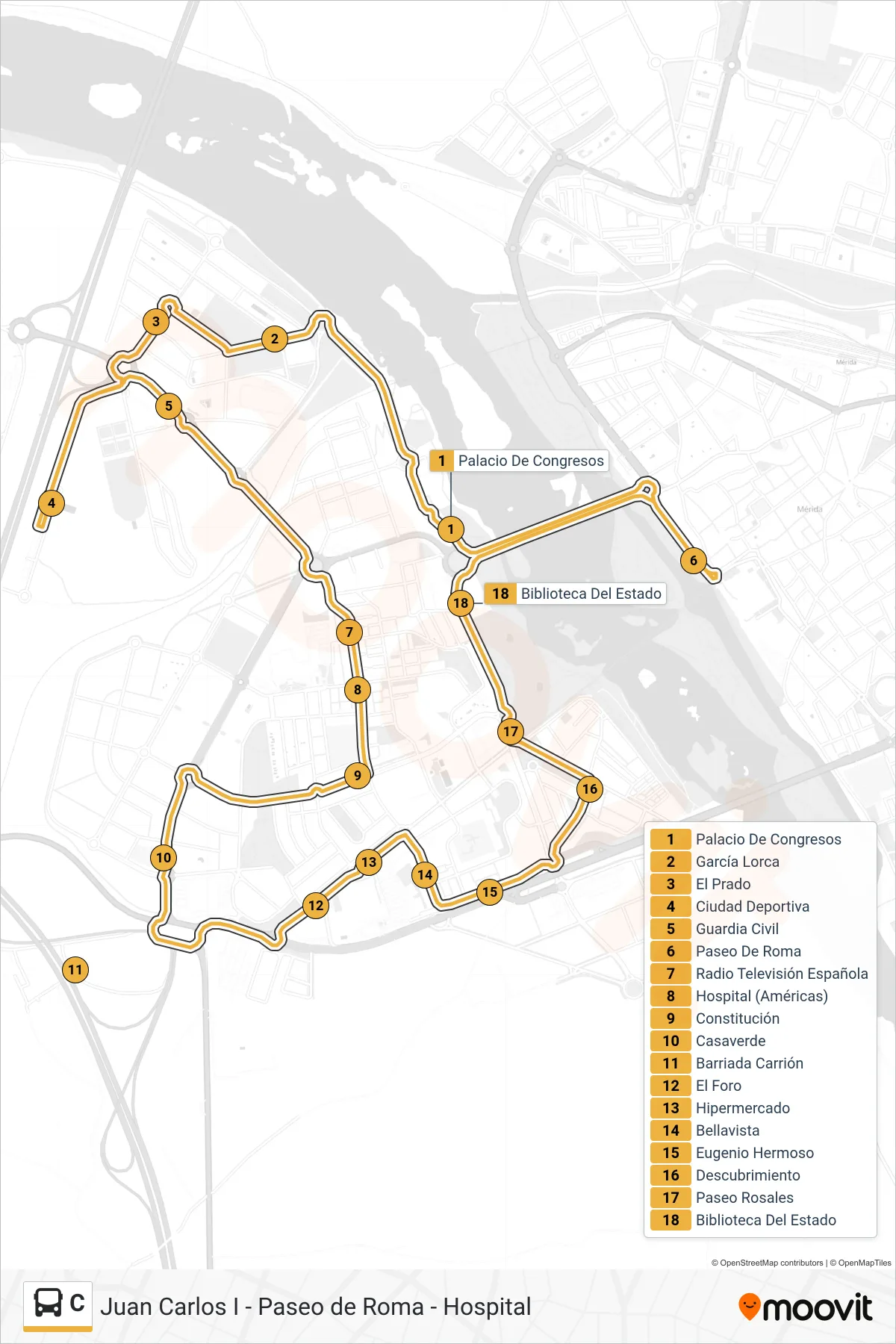 C bus Line (C2: Paseo de Roma - Prado - Nueva Ciudad) route and stops on a map