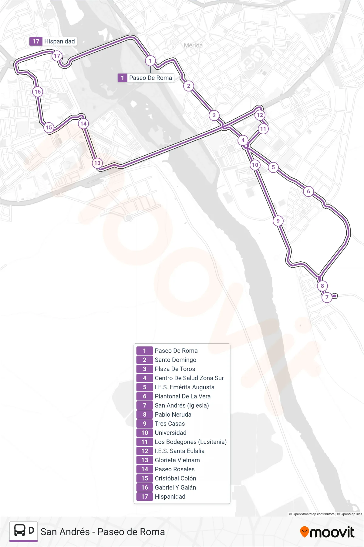 Recorrido y paradas de la línea D de autobús (San Andrés - Nueva Ciudad) en el mapa