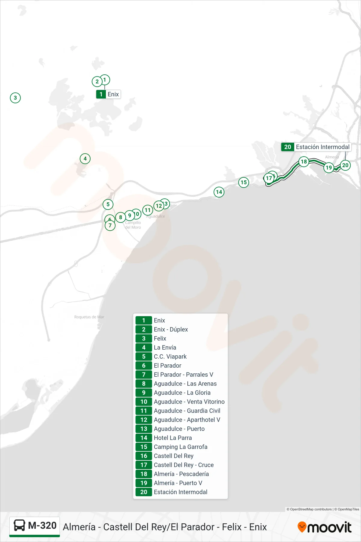 M-320 bus Line (Estación Intermodal) route and stops on a map
