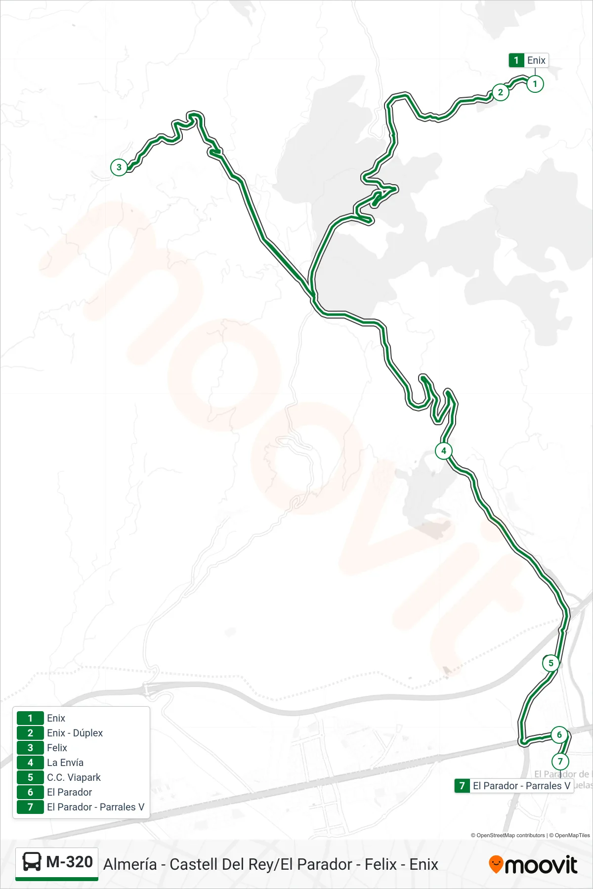 M-320 bus Line (El Parador - Parrales V) route and stops on a map