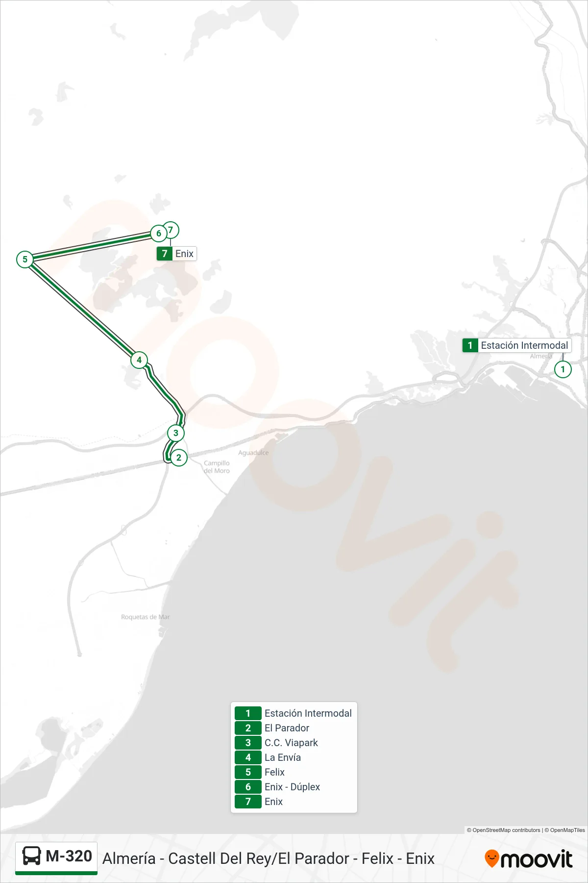 Recorrido y paradas de la línea M-320 de autobús (Enix) en el mapa