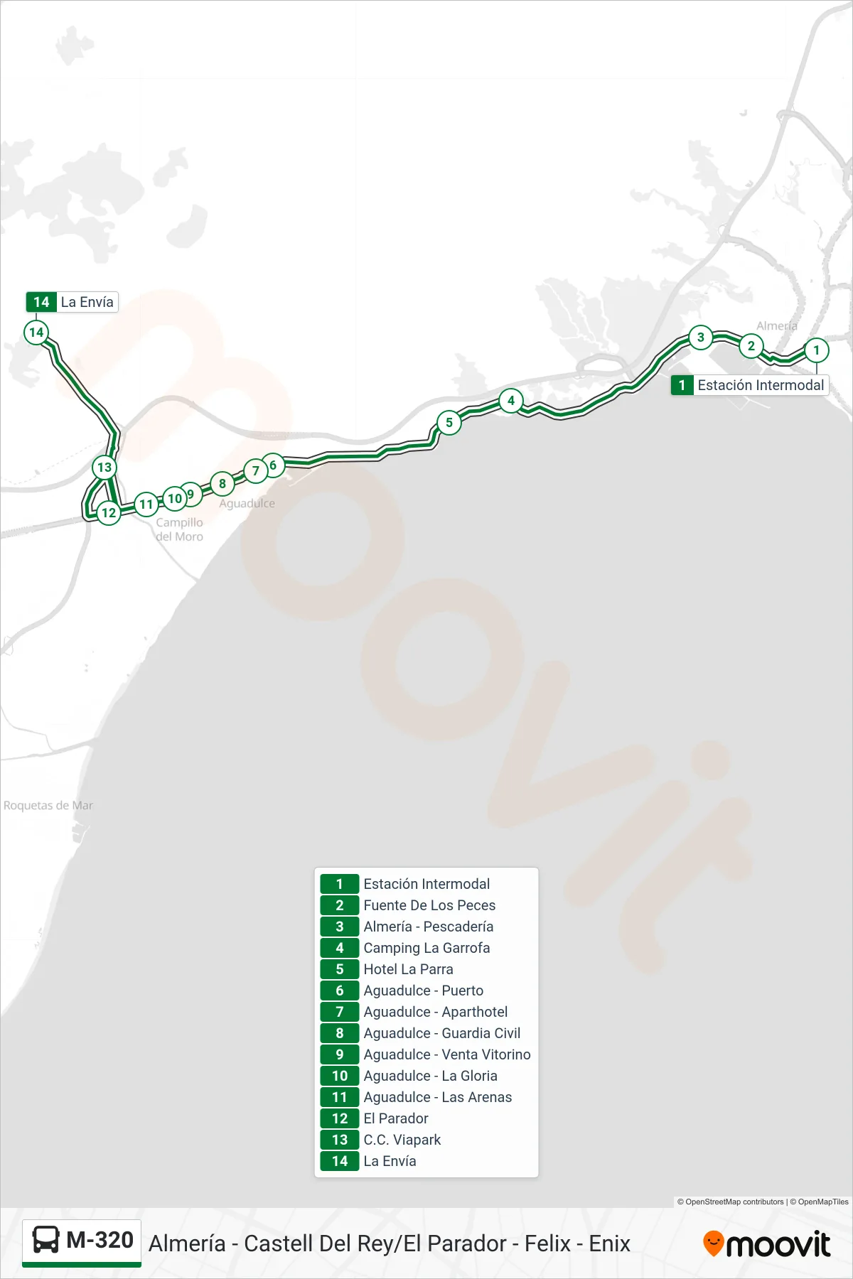 M-320 bus Line (La Envía) route and stops on a map