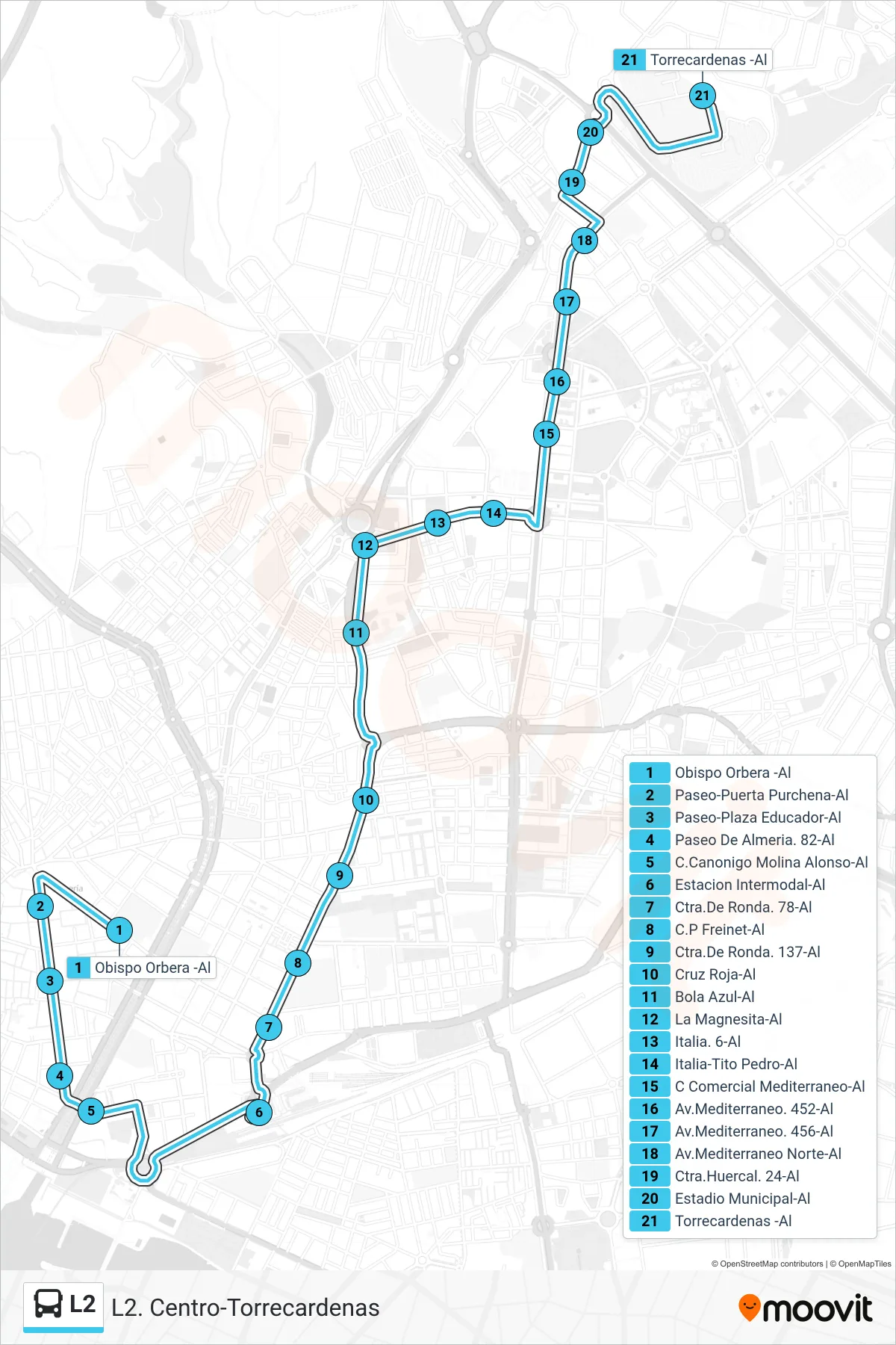 Recorrido y paradas de la línea L2 de autobús (Torrecardenas -Al) en el mapa