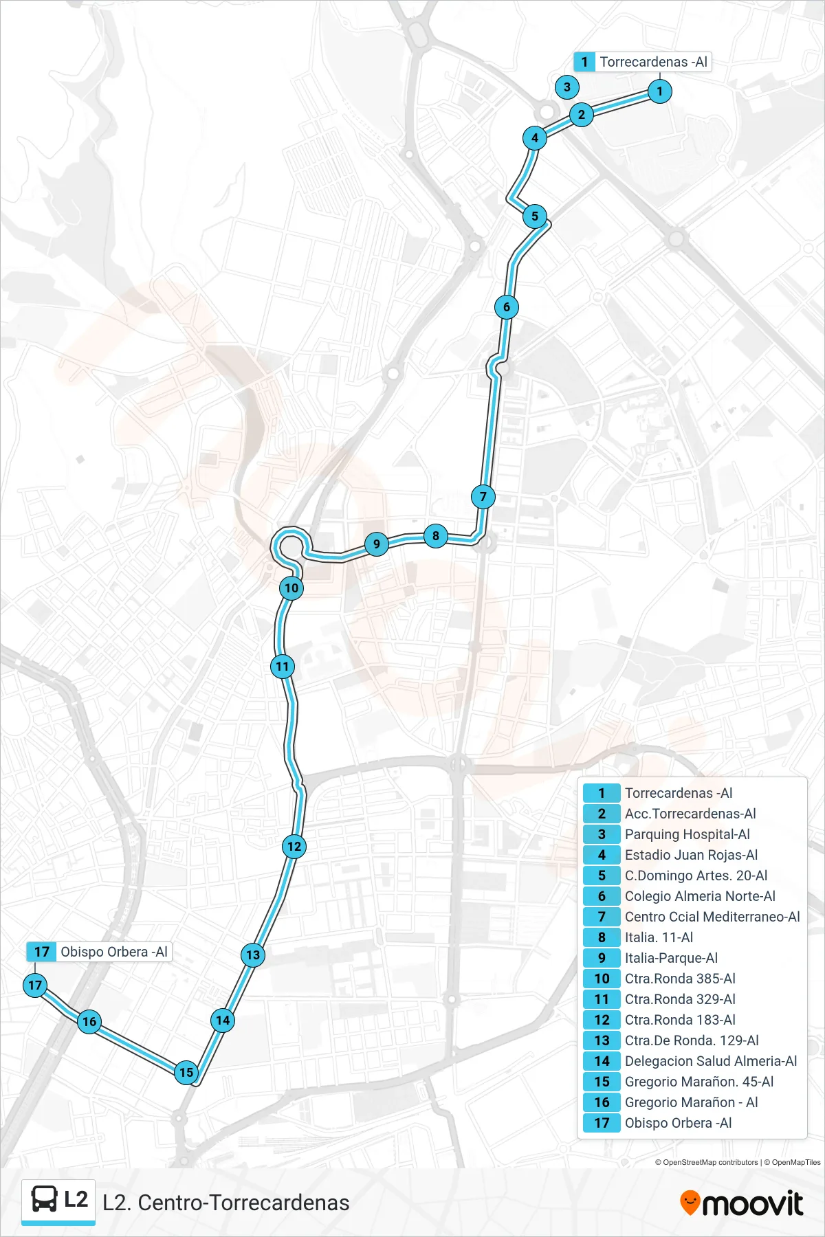 Recorrido y paradas de la línea L2 de autobús (Obispo Orbera -Al) en el mapa