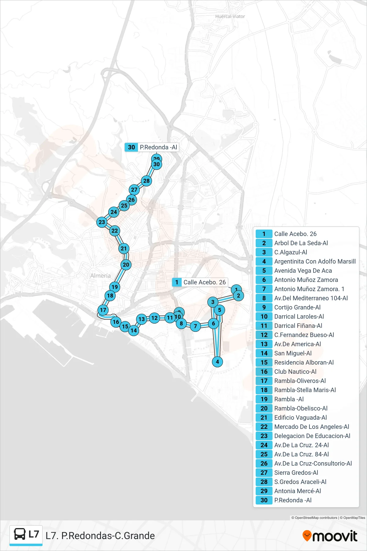 Recorrido y paradas de la línea L7 de autobús (P.Redonda -Al) en el mapa