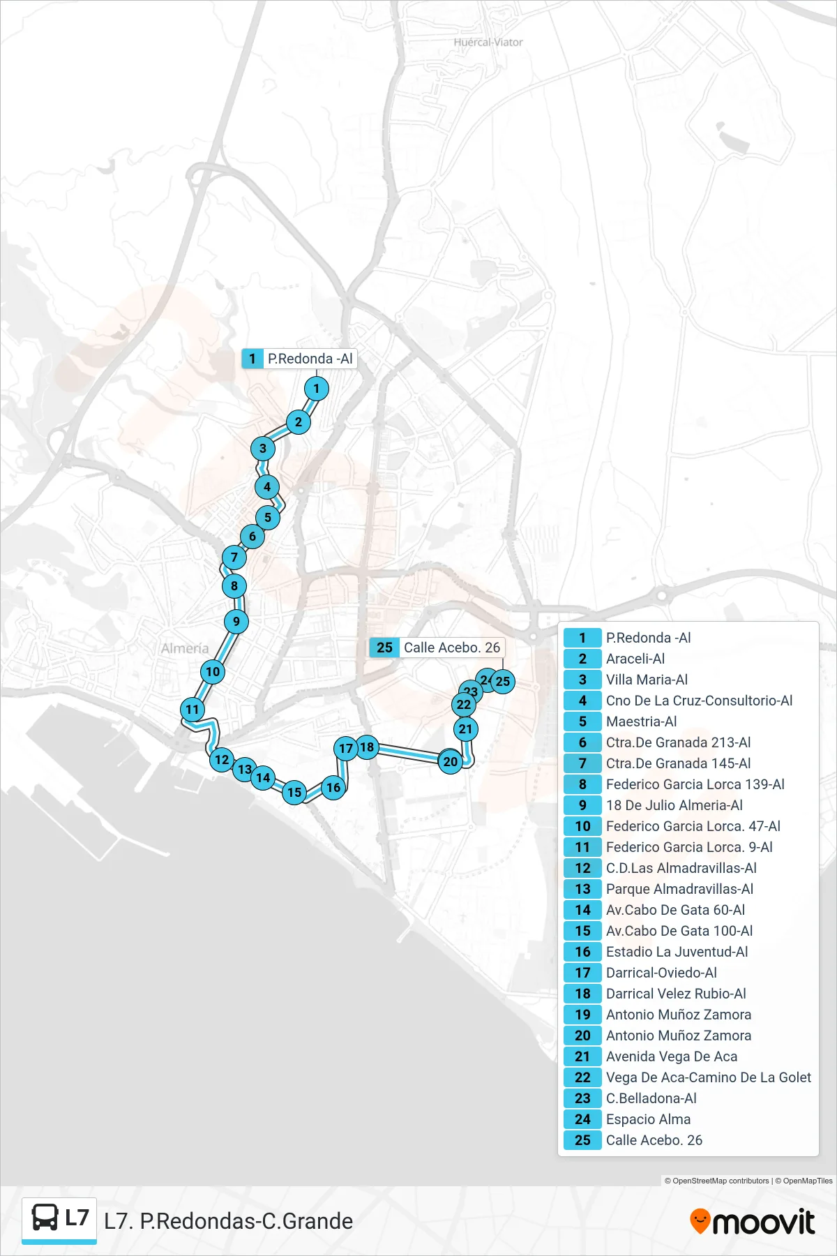 Recorrido y paradas de la línea L7 de autobús (Calle Acebo. 26) en el mapa