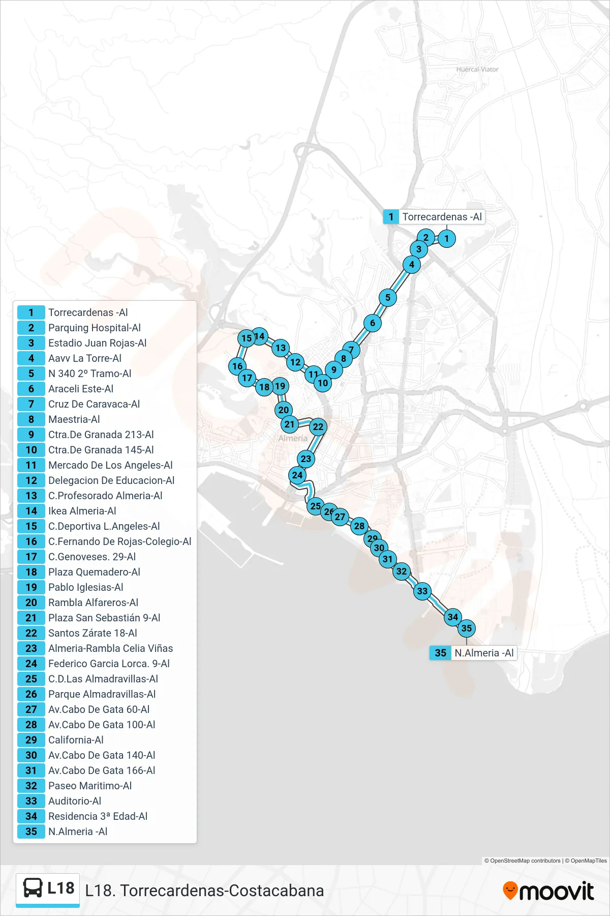 Recorrido y paradas de la línea L18 de autobús (N.Almeria -Al) en el mapa