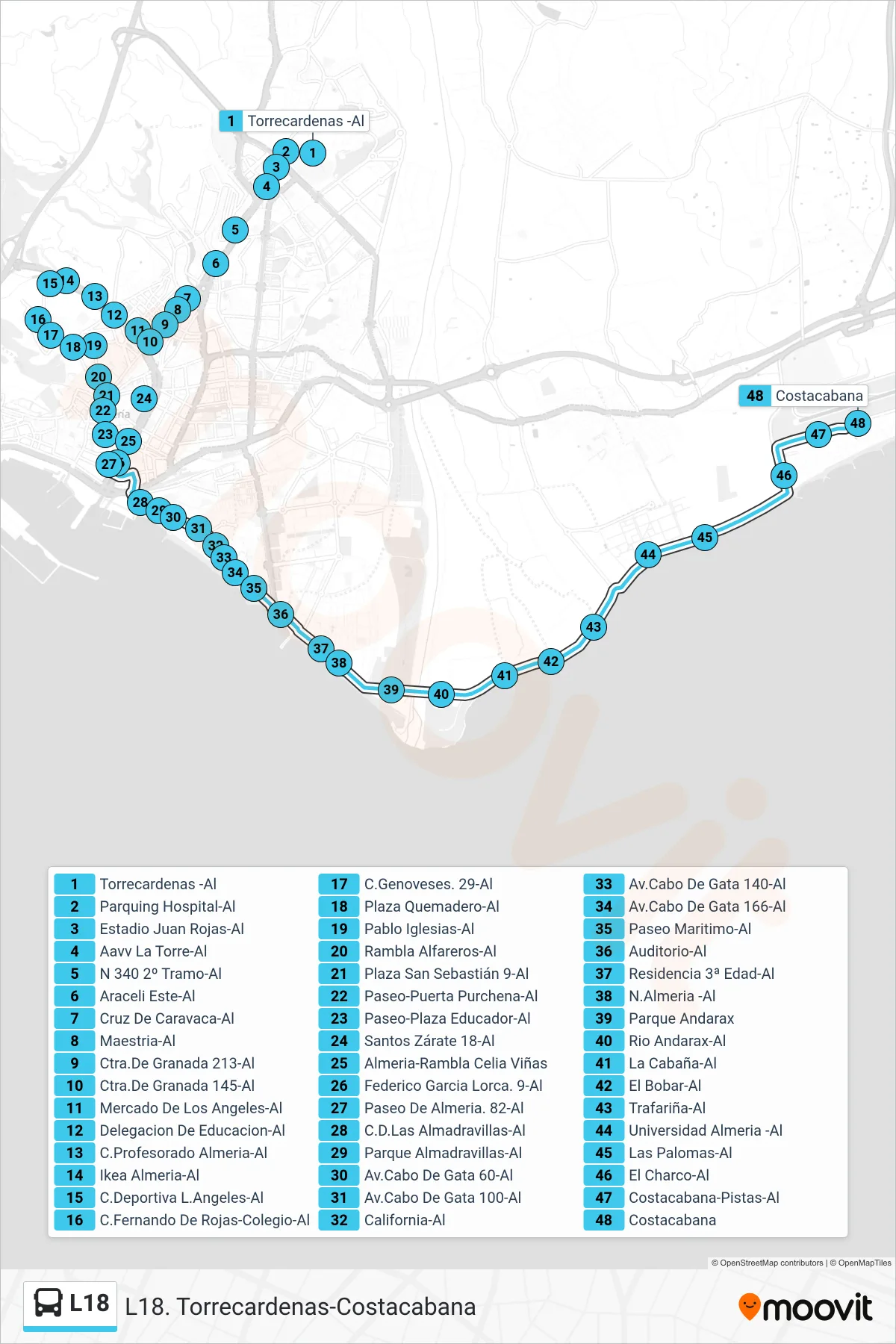 Recorrido y paradas de la línea L18 de autobús (Costacabana) en el mapa