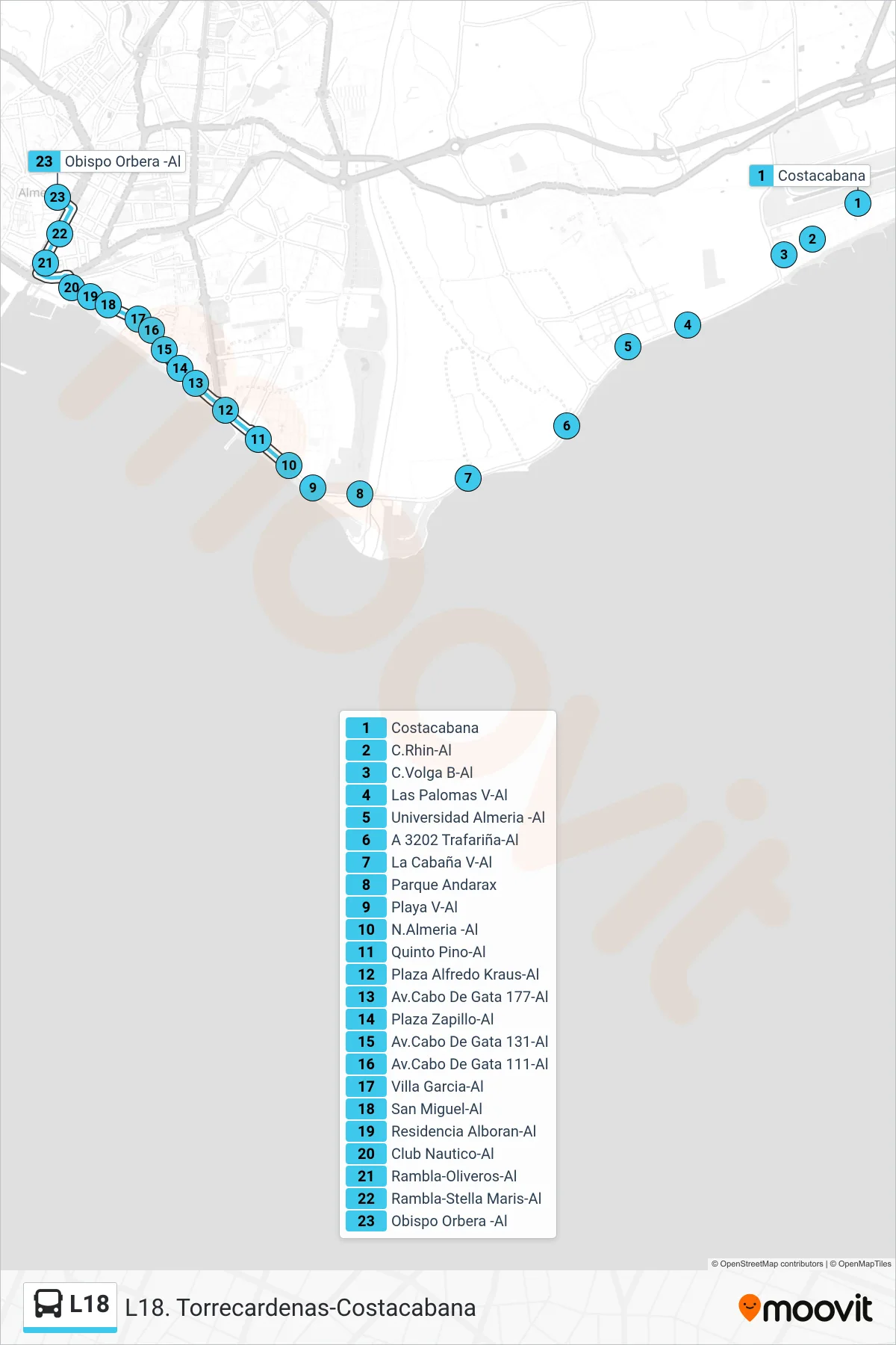 Recorrido y paradas de la línea L18 de autobús (Obispo Orbera -Al) en el mapa
