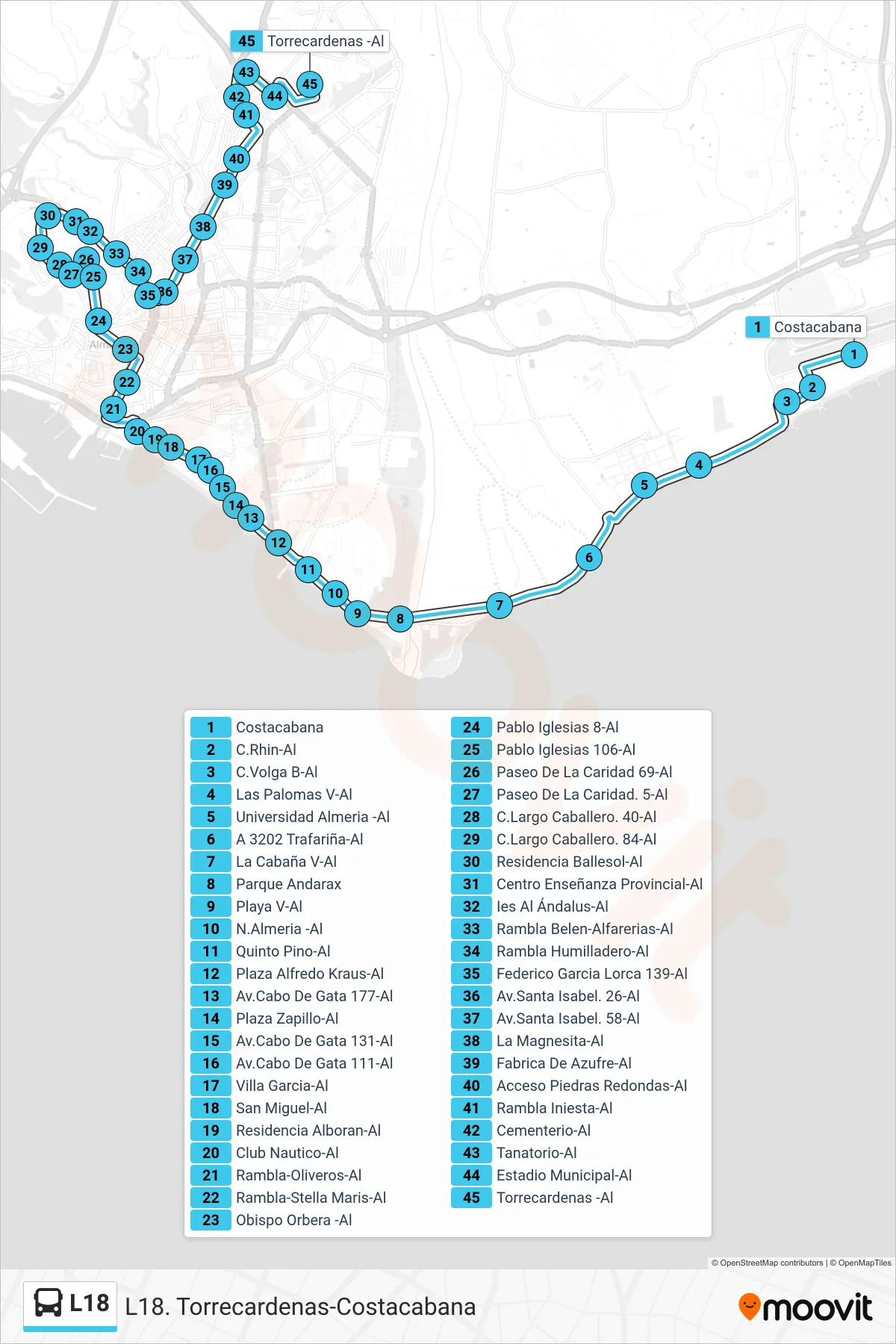 Ruta i parades de la línia L18 bus (Torrecardenas -Al) en un mapa