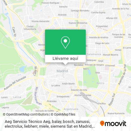 Mapa Aeg Servicio Técnico Aeg, balay, bosch, zanussi, electrolux, liebherr, miele, siemens Sat en Madrid