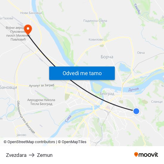 Zvezdara to Zemun map