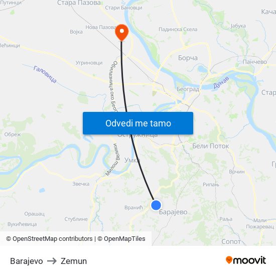 Barajevo to Zemun map