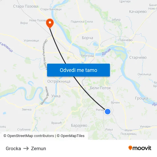 Grocka to Zemun map