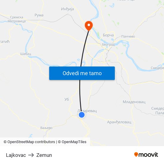 Lajkovac to Zemun map