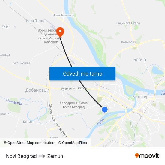 Novi Beograd to Zemun map