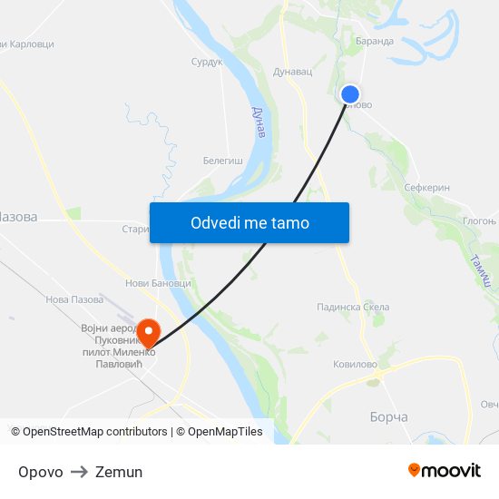 Opovo to Zemun map