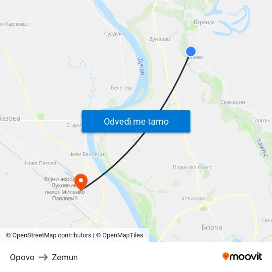 Opovo to Zemun map