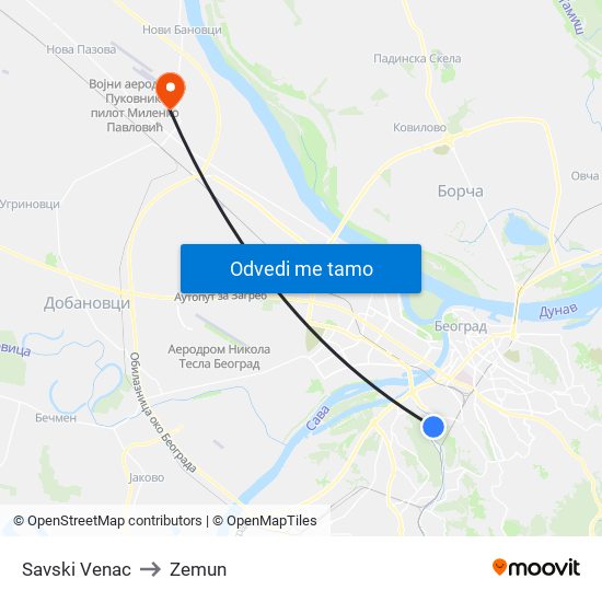 Savski Venac to Zemun map